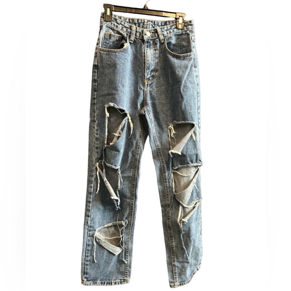 Shein Womens Jeans Medium Blue Distressed High Rise Denim Pockets Size XS